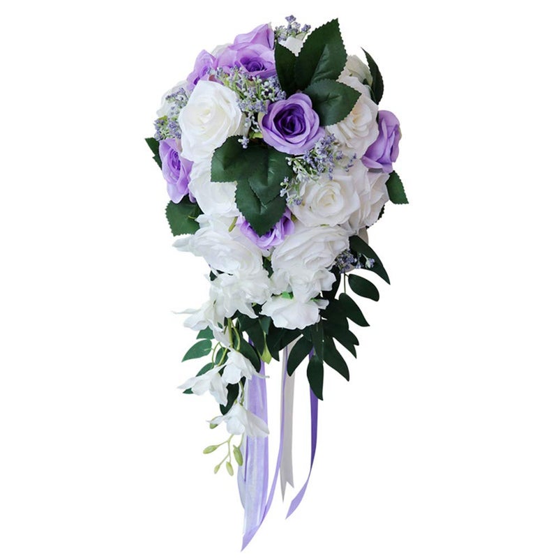 ChezMax Wedding Bridal Bouquet Artificial Rose Flowers with Ribbons Waterfall Flowers Bunch for Decorations - Image 3